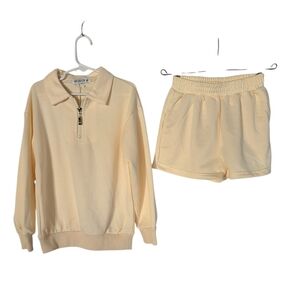 NWT Mebius Girls 2-Pc Lounge Set Quarter-Zip Sweatshirt & Shorts Khaki 6Y